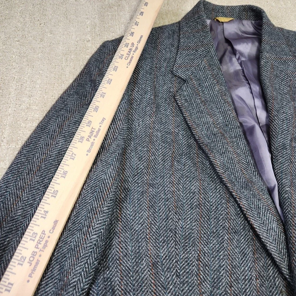 Vintage Herringbone Tweed Blazer Men 44L Leather Button Gray Wool‎ Sport Coat